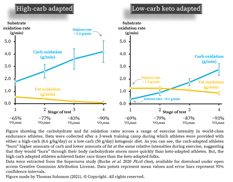 Fat and carbohydrate oxidation rates during exercise in high carb versus low carb keto diet eaters from Thomas Solomon.